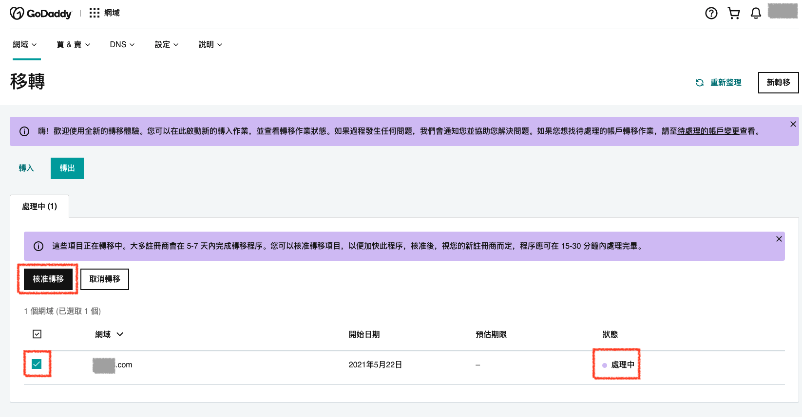 Google Domains 轉入網域付費確認